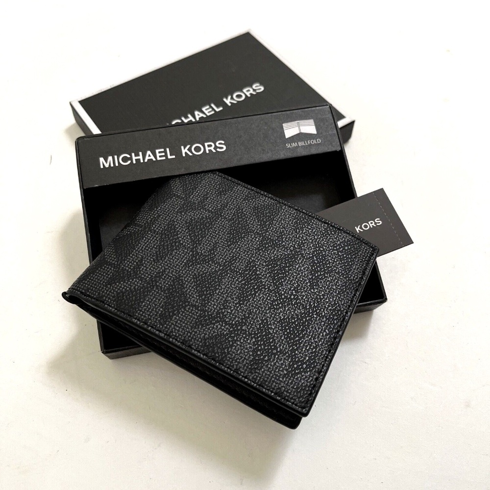 2pc MICHAEL KORS Slim Billfold Wallet Set Black Gray / Brown Logo Boxed Gift NWT - Picture 9 of 13